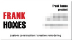 After: the finished Frank Homes business card with a bold red and black logo