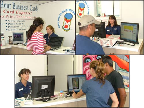 One Hour Business Cards graphic designers working side by side with customers at the counter